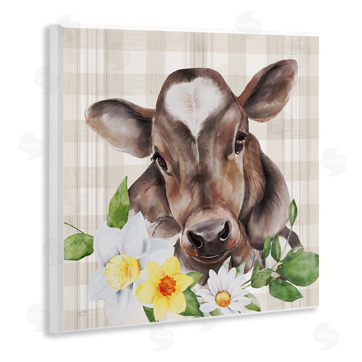 Lux + Me Designs Country Gingham Floral Cow Wooden Wall Plaque Art Print
