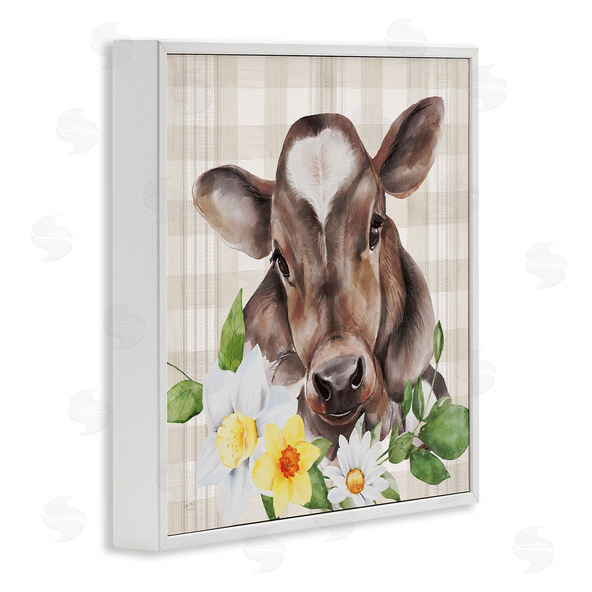 Lux + Me Designs Country Gingham Floral Cow White Framed Glicee Wall Art Print