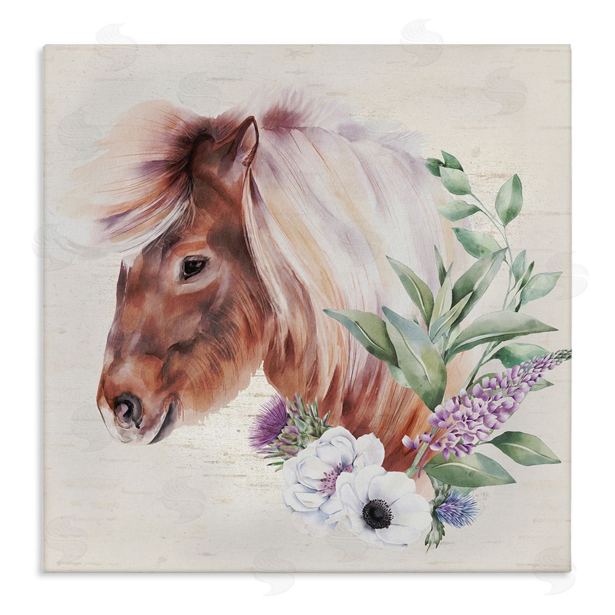 Lux + Me Designs Horse Portrait Lilac Blossom Bouquet Stretched Canvas Wall Art Print
