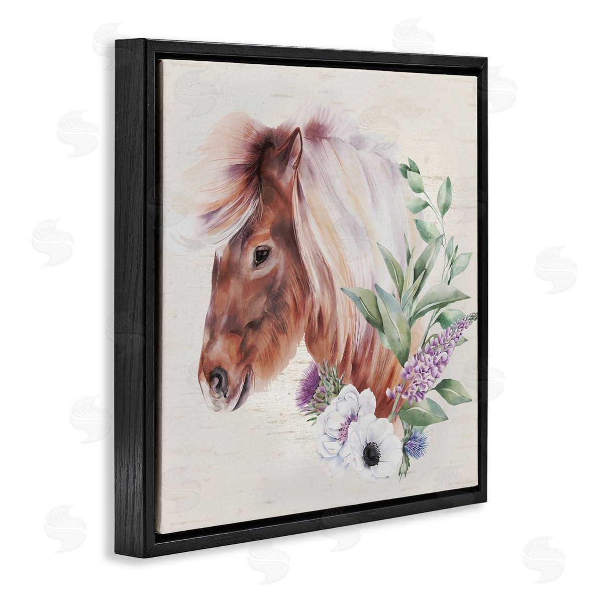 Lux + Me Designs Horse Portrait Lilac Blossom Bouquet Black Floating Frame Canvas Wall Art Print