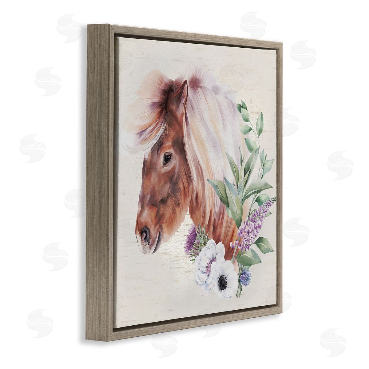 Lux + Me Designs Horse Portrait Lilac Blossom Bouquet Brown Floating Frame Canvas Wall Art Print