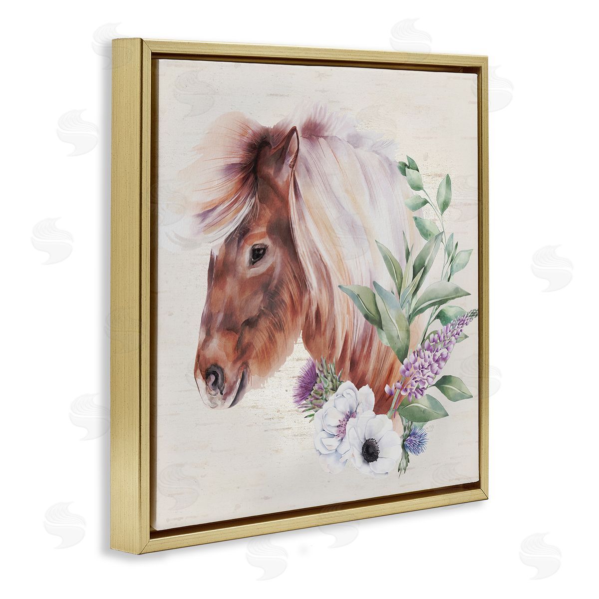 Lux + Me Designs Horse Portrait Lilac Blossom Bouquet Gold Floating Frame Canvas Wall Art Print