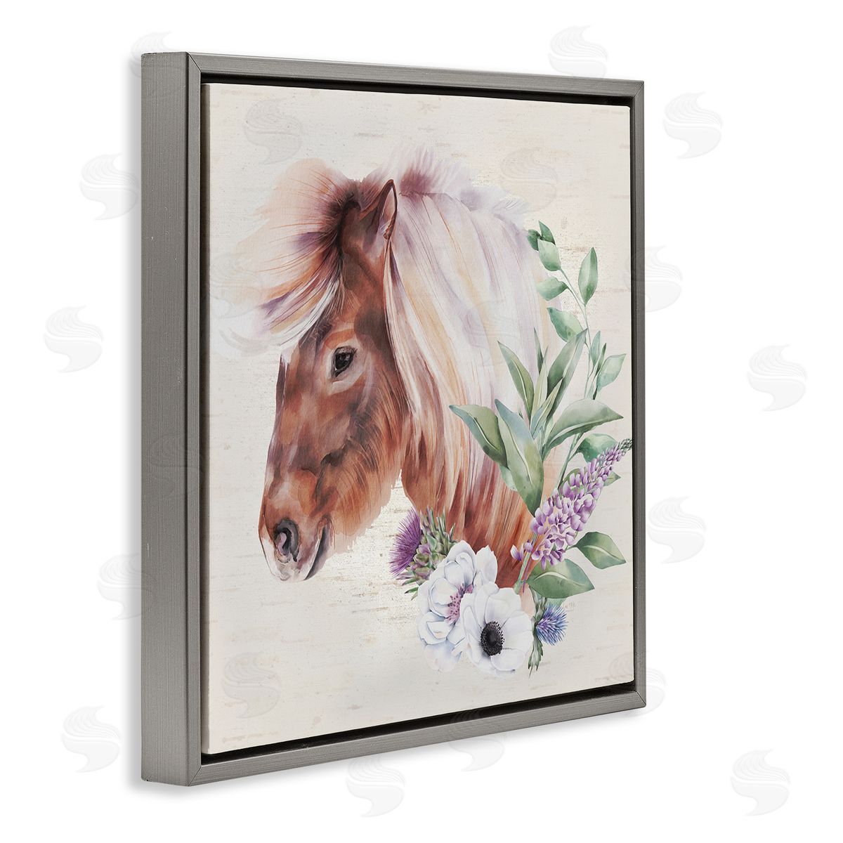 Lux + Me Designs Horse Portrait Lilac Blossom Bouquet Gray Floating Frame Canvas Wall Art Print