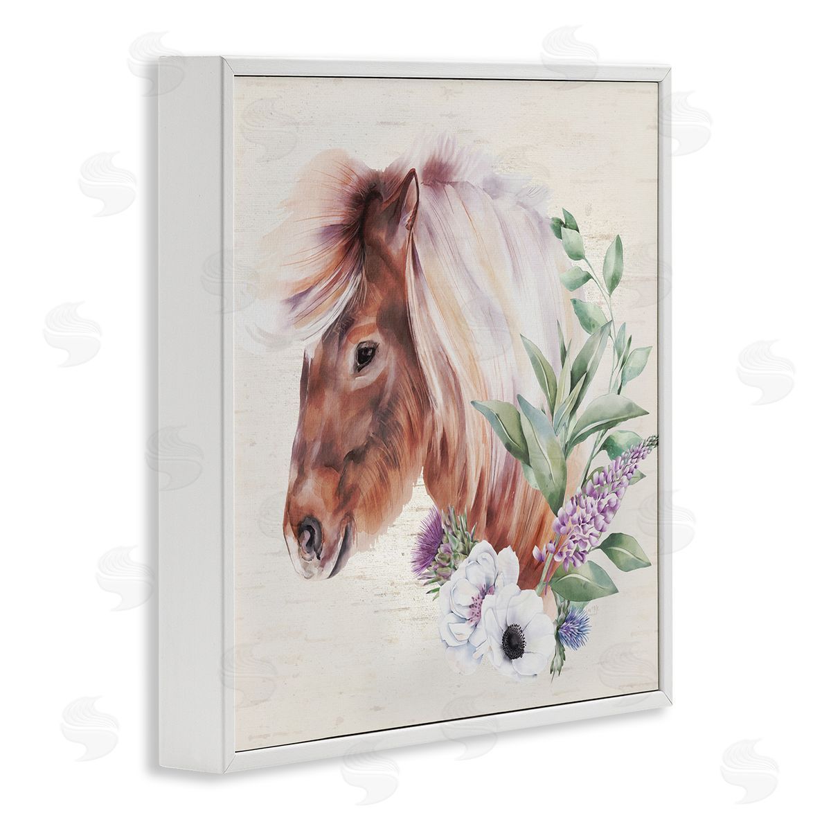 Lux + Me Designs Horse Portrait Lilac Blossom Bouquet White Framed Glicee Wall Art Print