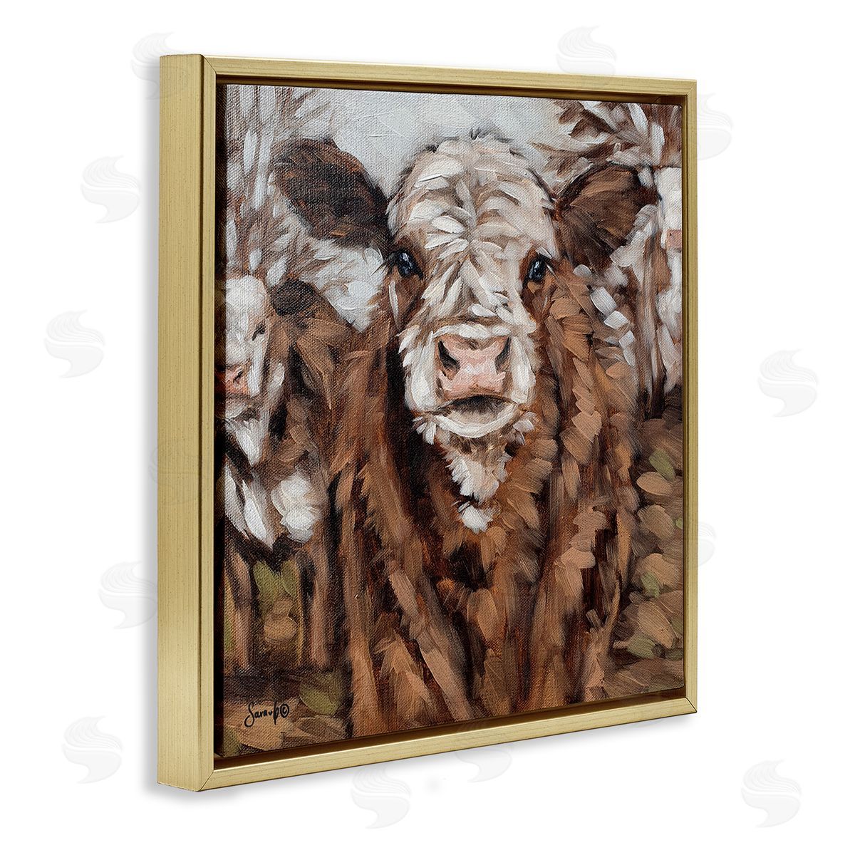 Sara G. Designs Country Cattle Traditional Painting Gold Floating Frame Canvas Wall Art Print