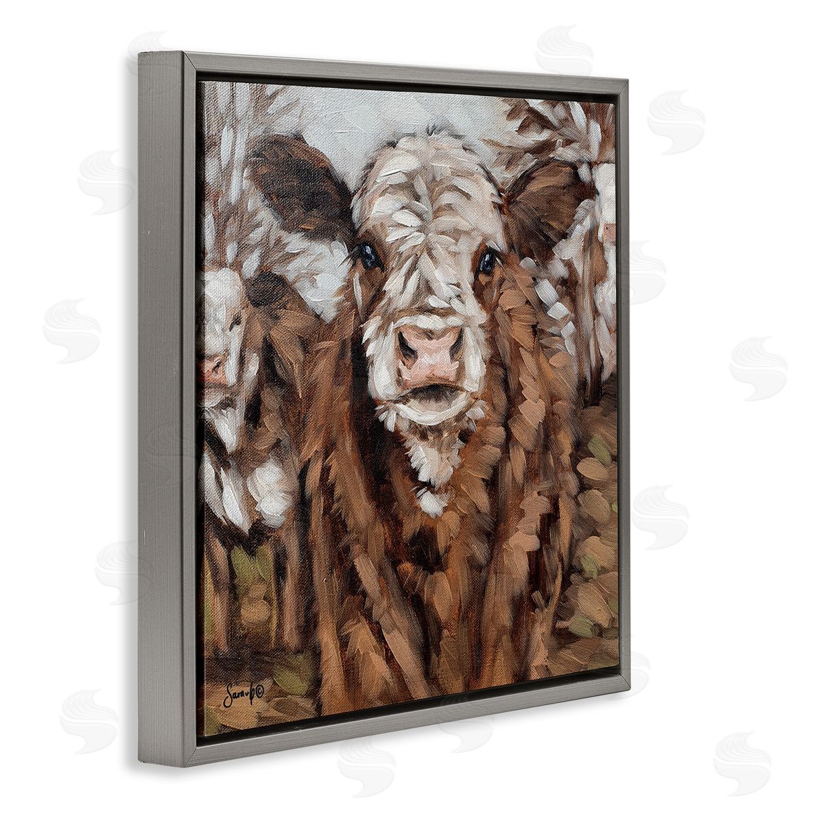 Sara G. Designs Country Cattle Traditional Painting Gray Floating Frame Canvas Wall Art Print