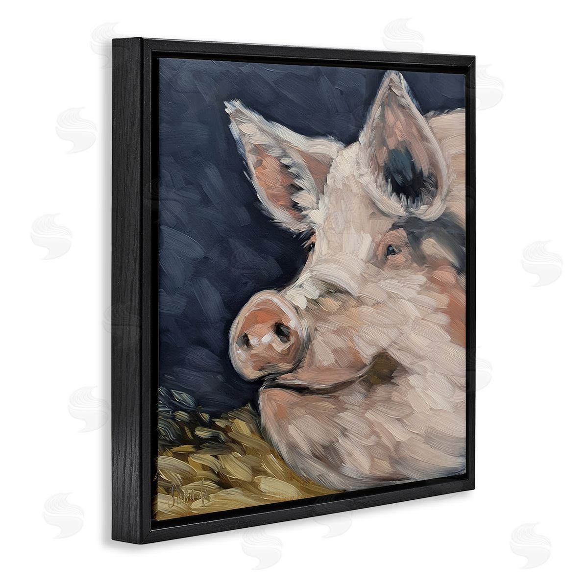 Sara G. Designs Smiling Pig Farmhouse Animal Black Floating Frame Canvas Wall Art Print