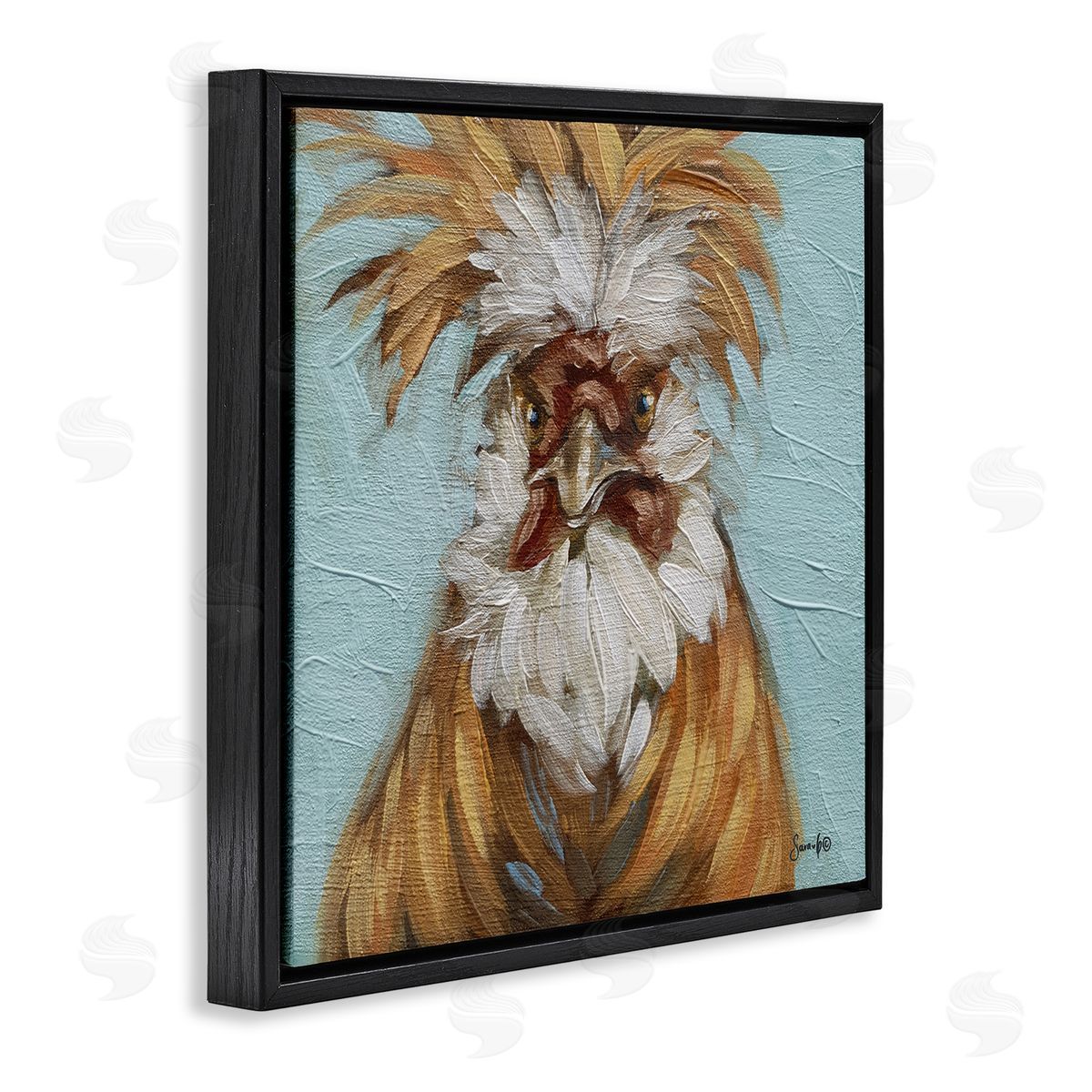 Sara G. Designs Blue Country Rooster Portrait Black Floating Frame Canvas Wall Art Print