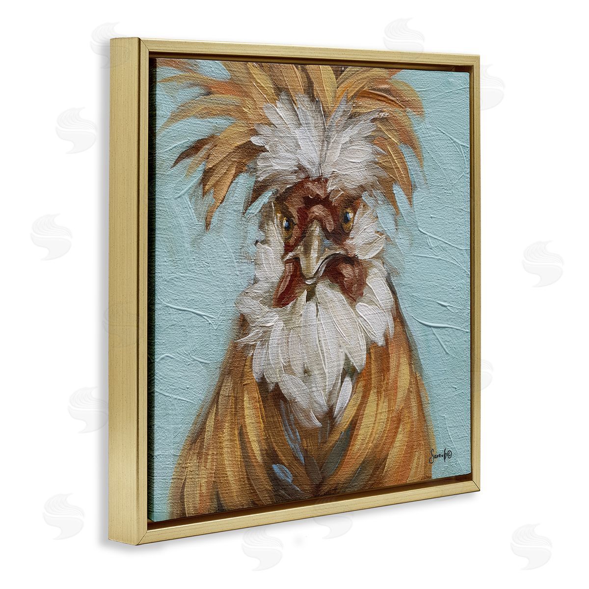 Sara G. Designs Blue Country Rooster Portrait Gold Floating Frame Canvas Wall Art Print