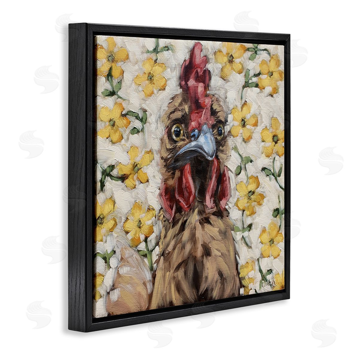 Sara G. Designs Farmhouse Chicken Yellow Flower Pattern Black Floating Frame Canvas Wall Art Print