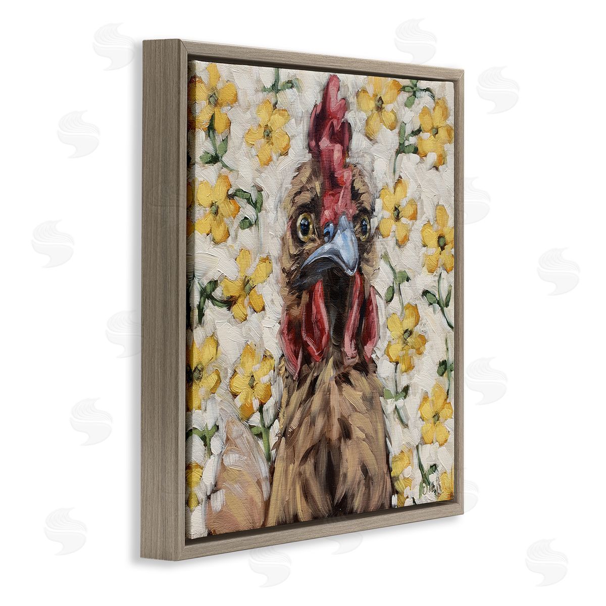 Sara G. Designs Farmhouse Chicken Yellow Flower Pattern Brown Floating Frame Canvas Wall Art Print