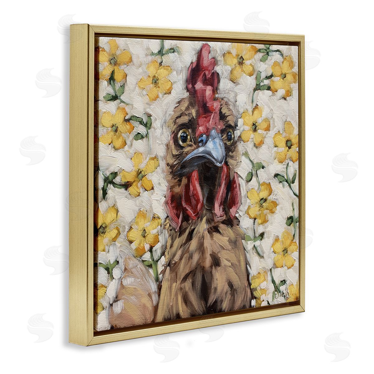 Sara G. Designs Farmhouse Chicken Yellow Flower Pattern Gold Floating Frame Canvas Wall Art Print