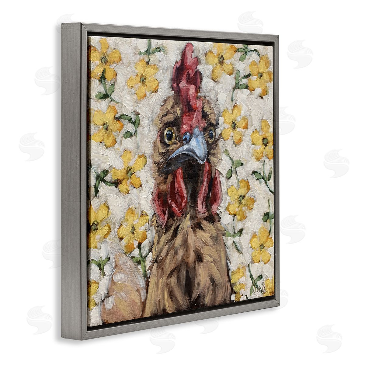 Sara G. Designs Farmhouse Chicken Yellow Flower Pattern Gray Floating Frame Canvas Wall Art Print