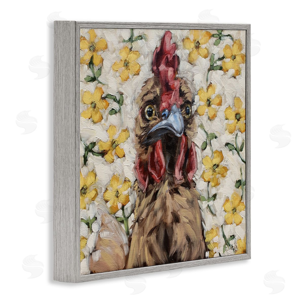 Sara G. Designs Farmhouse Chicken Yellow Flower Pattern Gray Framed Glicee Wall Art Print