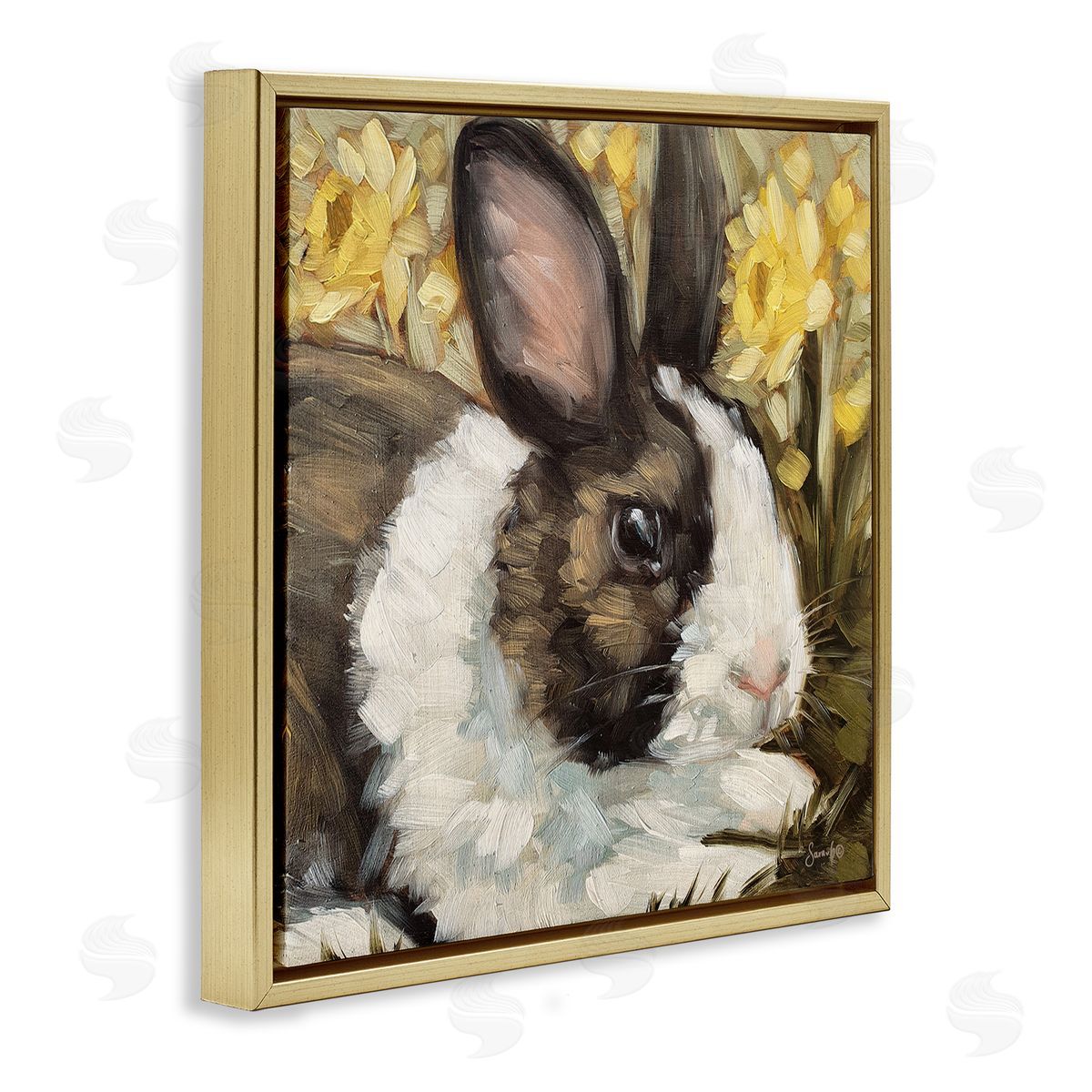 Sara G. Designs Rabbit Blooming Daffodils Nature Gold Floating Frame Canvas Wall Art Print