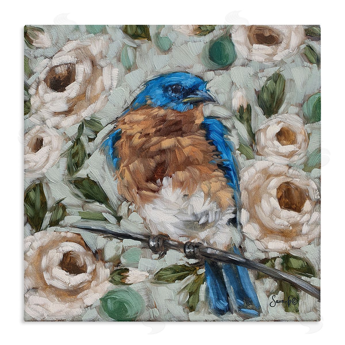 Sara G. Designs Bluebird Perched Floral Blooms Stretched Canvas Wall Art Print