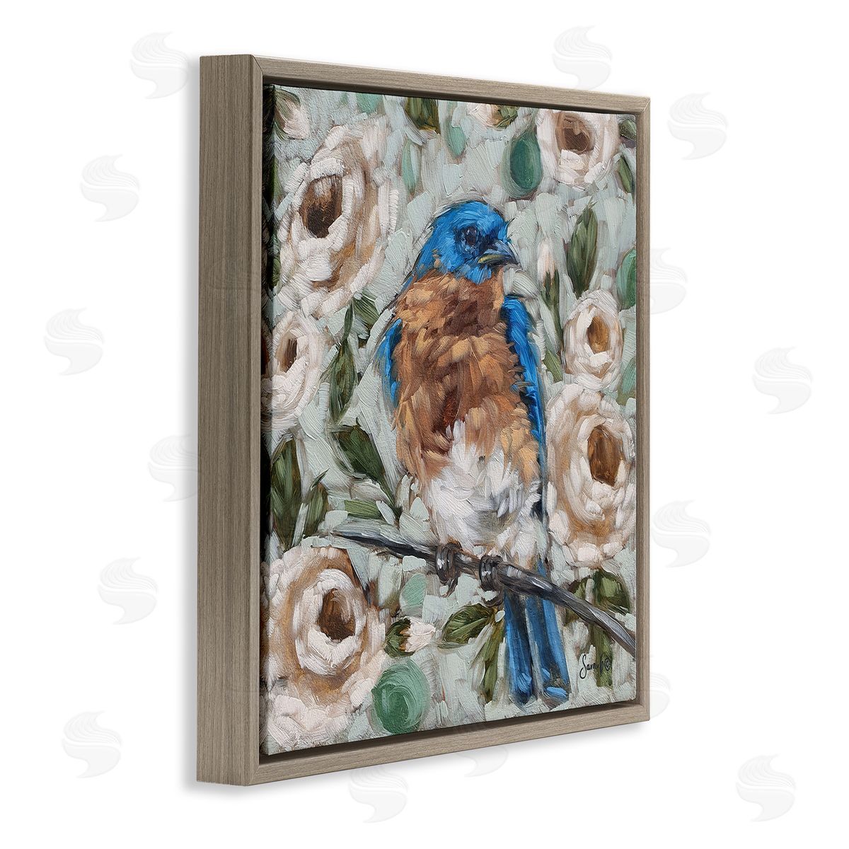 Sara G. Designs Bluebird Perched Floral Blooms Brown Floating Frame Canvas Wall Art Print