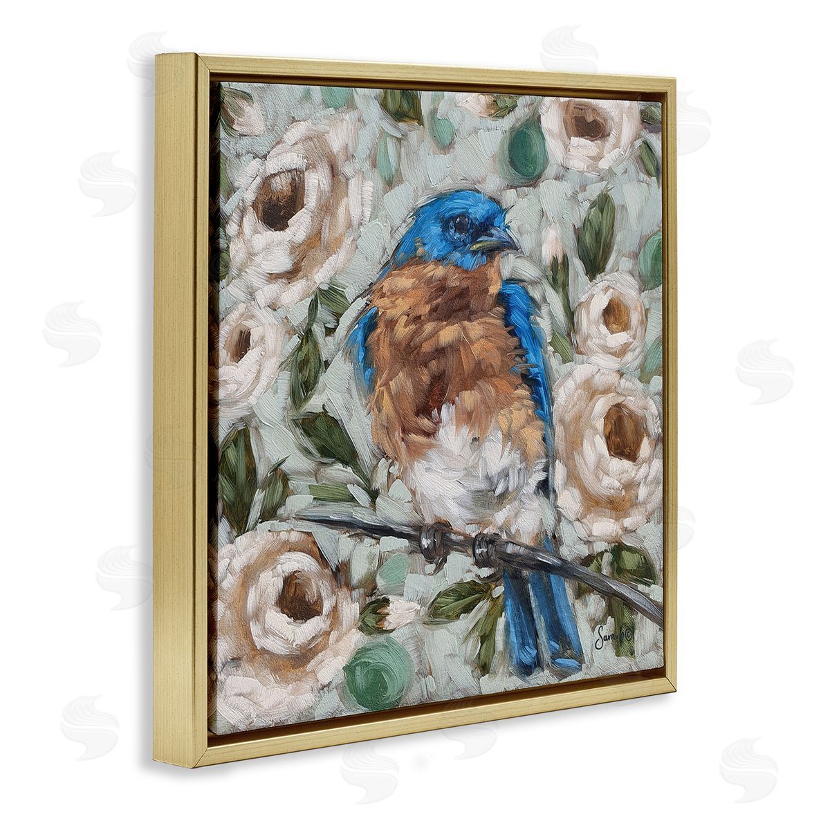 Sara G. Designs Bluebird Perched Floral Blooms Gold Floating Frame Canvas Wall Art Print