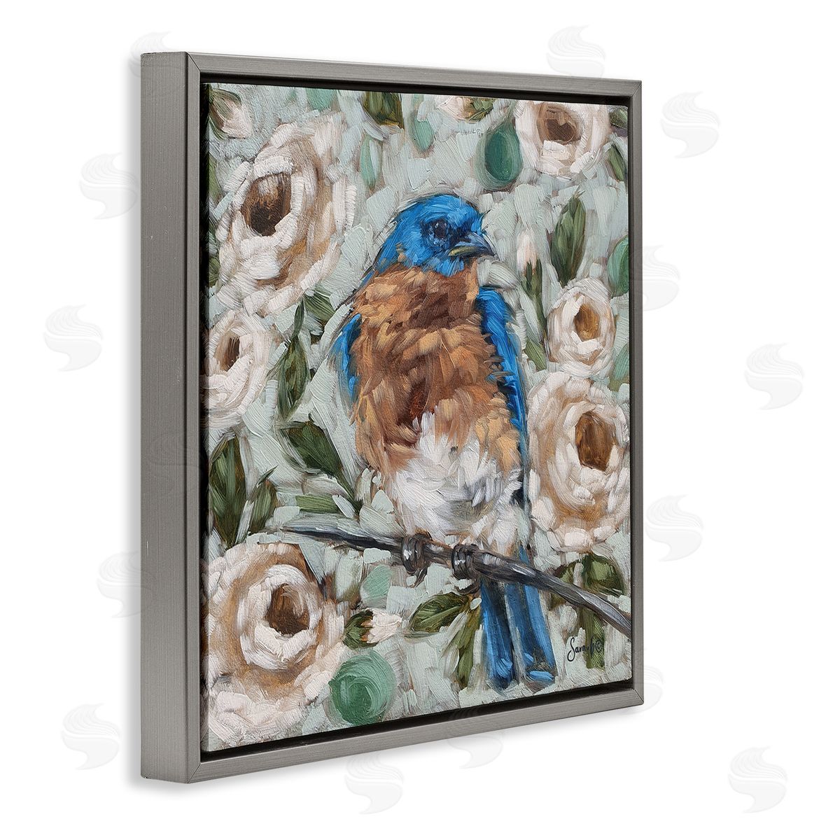 Sara G. Designs Bluebird Perched Floral Blooms Gray Floating Frame Canvas Wall Art Print