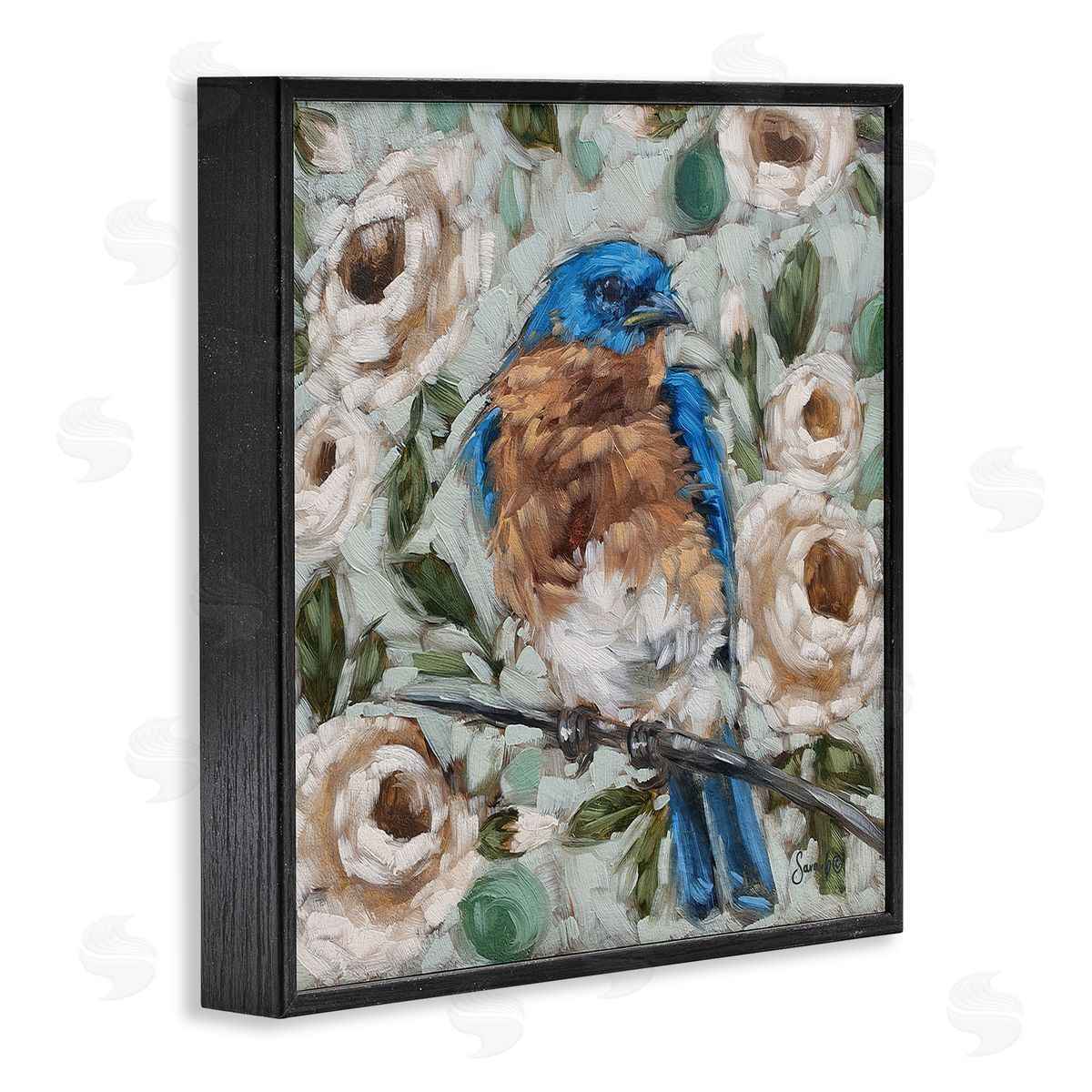 Sara G. Designs Bluebird Perched Floral Blooms Black Framed Glicee Wall Art Print