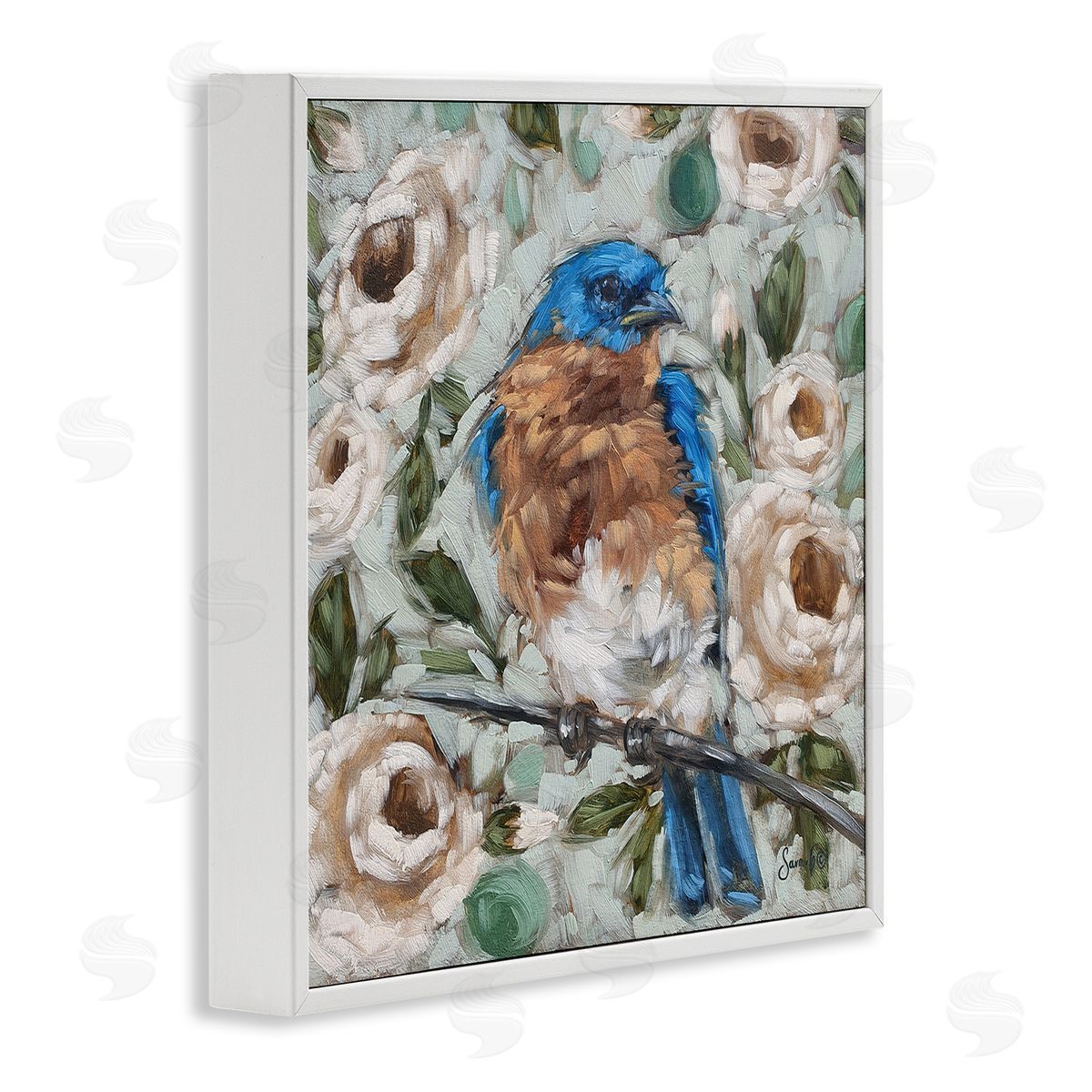 Sara G. Designs Bluebird Perched Floral Blooms White Framed Glicee Wall Art Print