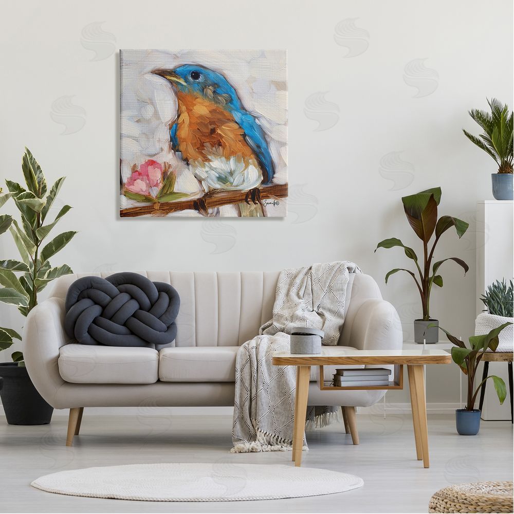 Sara G. Designs Bluebird Wildlife Blooming Flower Tree Canvas Wall Art in Room