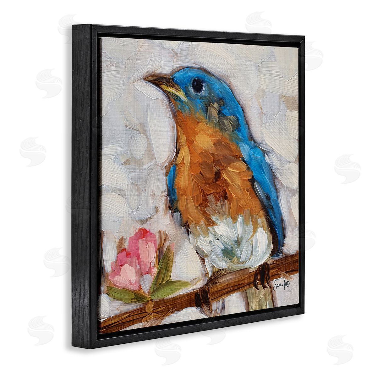Sara G. Designs Bluebird Wildlife Blooming Flower Tree Black Floating Frame Canvas Wall Art Print
