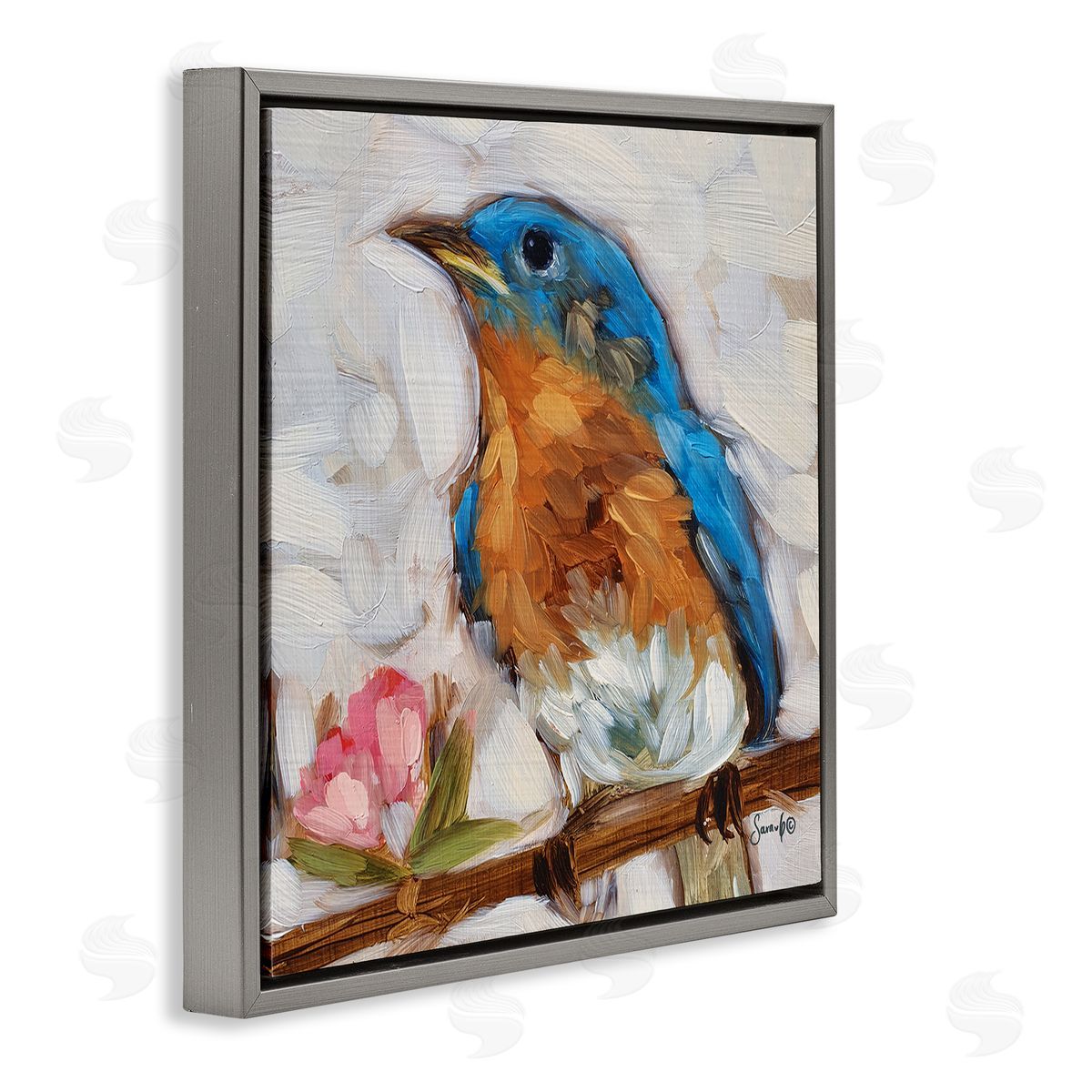 Sara G. Designs Bluebird Wildlife Blooming Flower Tree Gray Floating Frame Canvas Wall Art Print