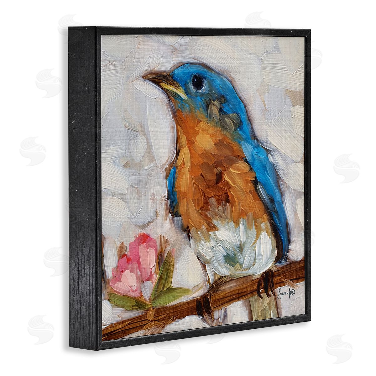Sara G. Designs Bluebird Wildlife Blooming Flower Tree Black Framed Glicee Wall Art Print