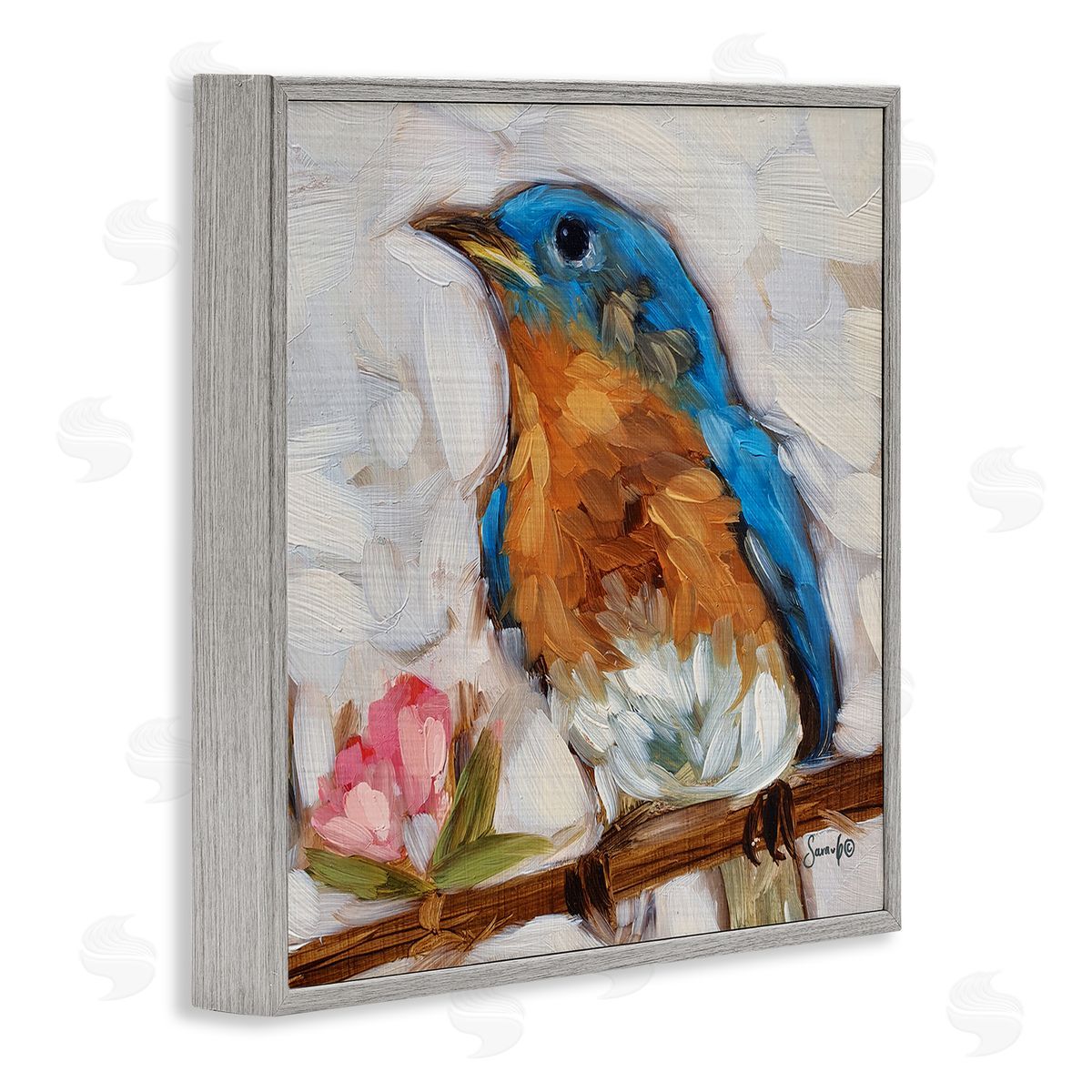 Sara G. Designs Bluebird Wildlife Blooming Flower Tree Gray Framed Glicee Wall Art Print
