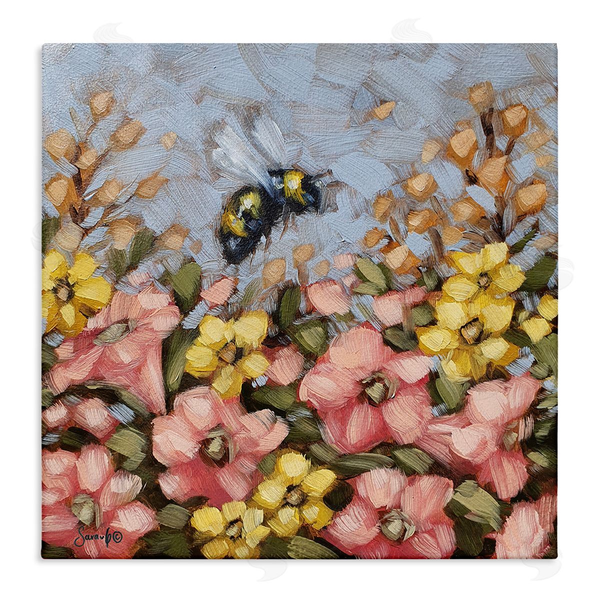 Sara G. Designs Bumblebee Summer Garden Meadow Stretched Canvas Wall Art Print