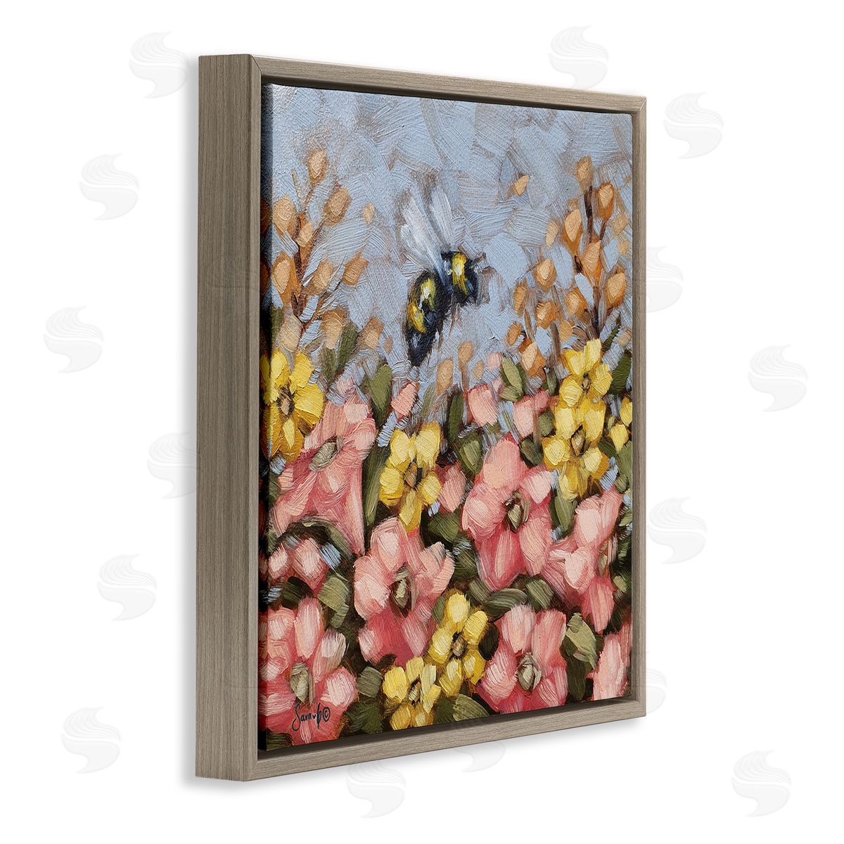 Sara G. Designs Bumblebee Summer Garden Meadow Brown Floating Frame Canvas Wall Art Print