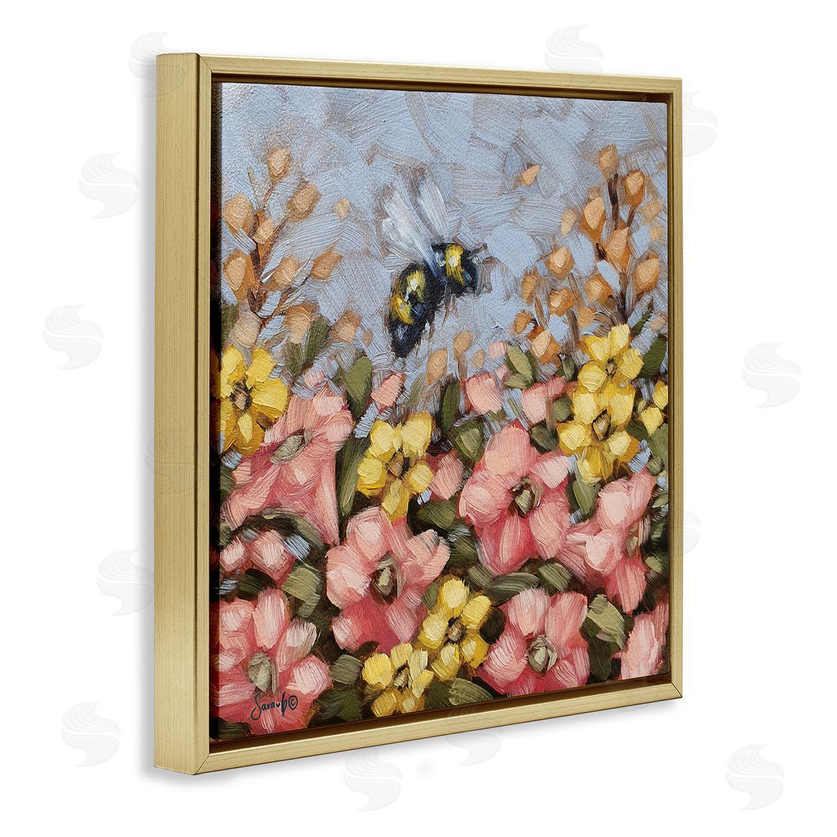 Sara G. Designs Bumblebee Summer Garden Meadow Gold Floating Frame Canvas Wall Art Print