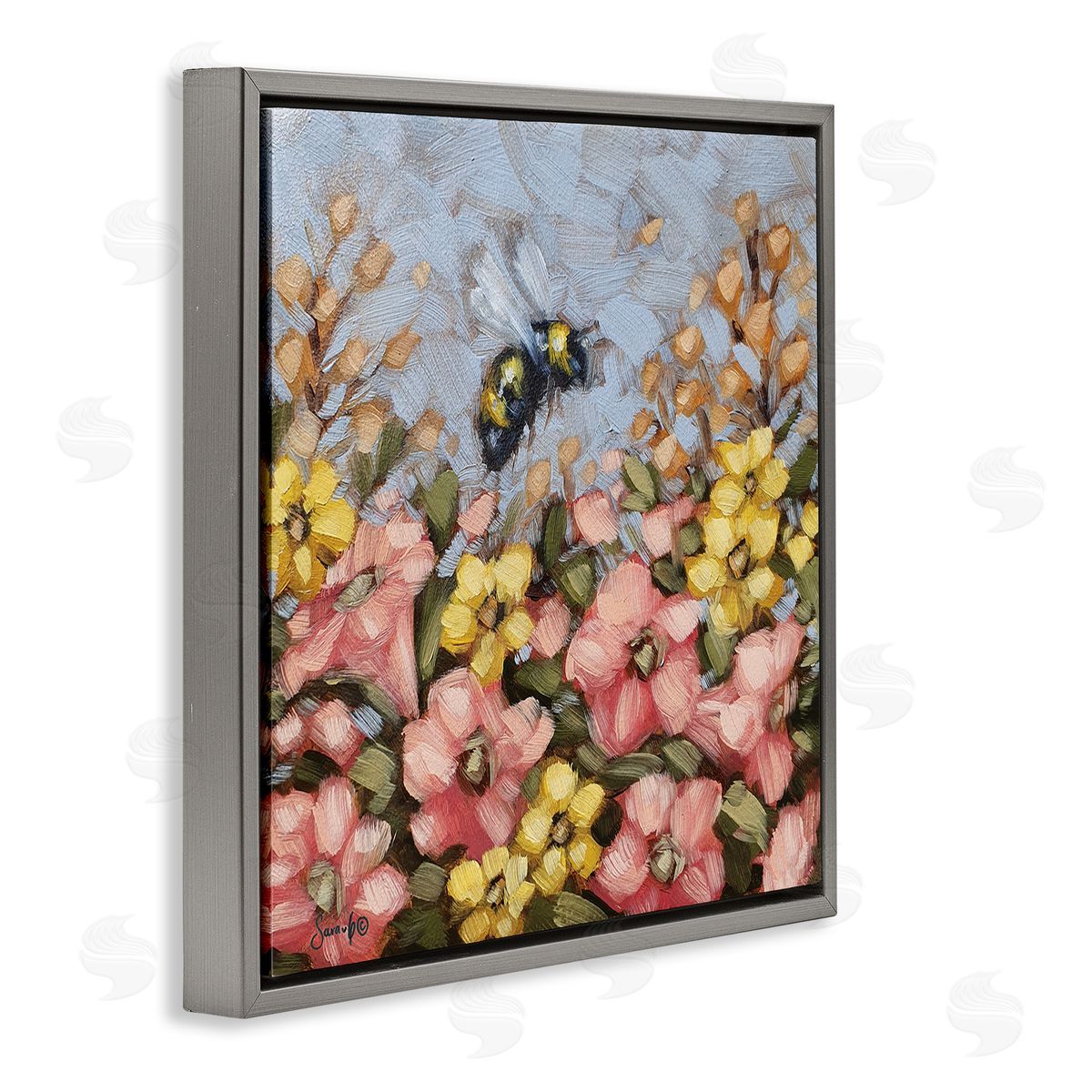 Sara G. Designs Bumblebee Summer Garden Meadow Gray Floating Frame Canvas Wall Art Print