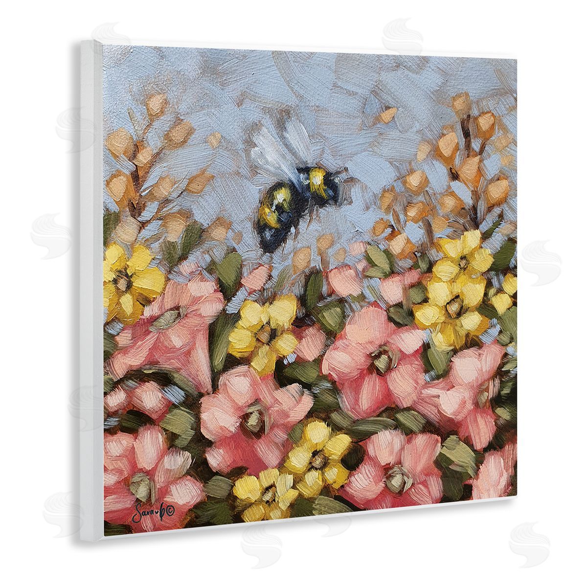 Sara G. Designs Bumblebee Summer Garden Meadow Wooden Wall Plaque Art Print