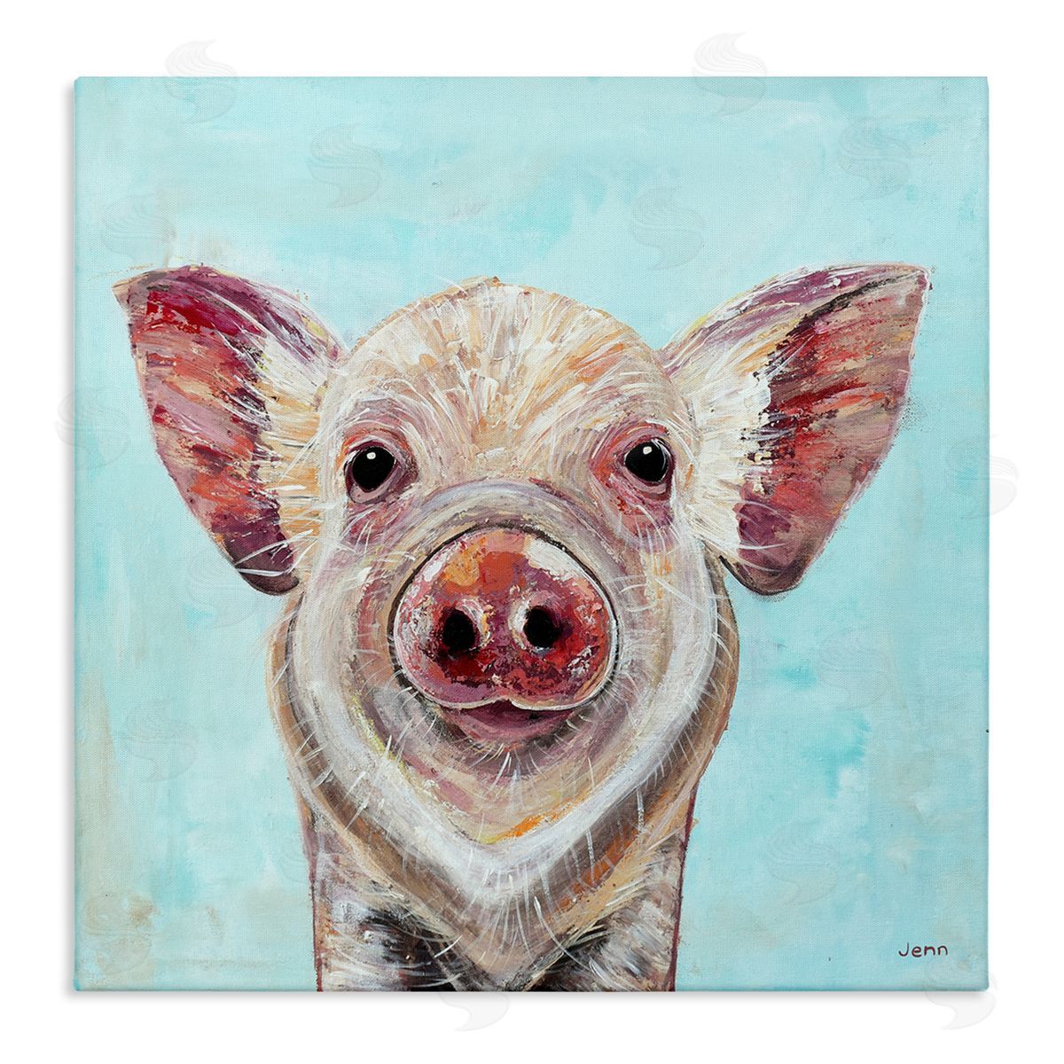 Jen Seeley Farmhouse Pig Blue Background Stretched Canvas Wall Art Print