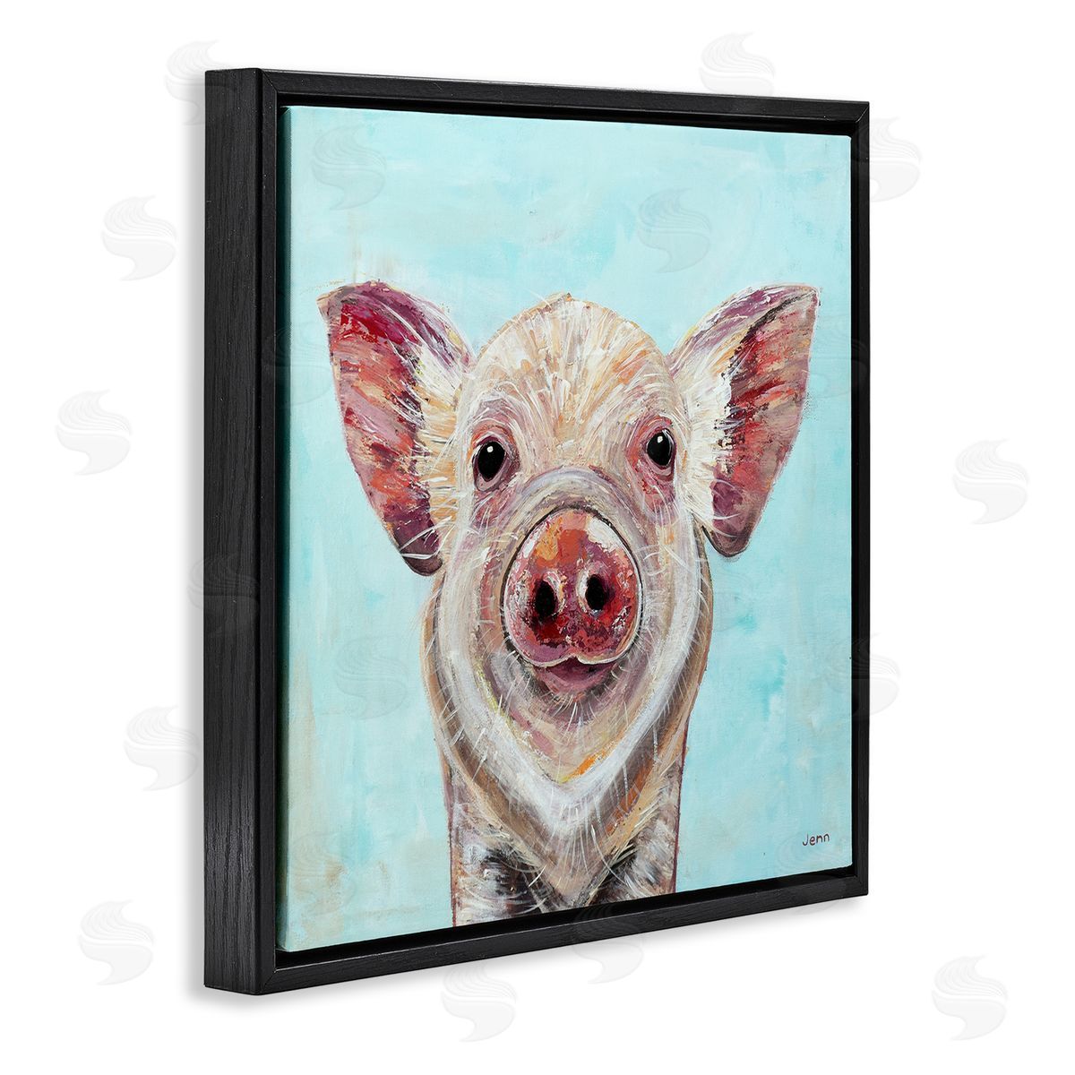 Jen Seeley Farmhouse Pig Blue Background Black Floating Frame Canvas Wall Art Print