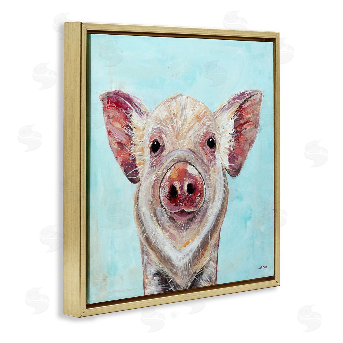 Jen Seeley Farmhouse Pig Blue Background Gold Floating Frame Canvas Wall Art Print