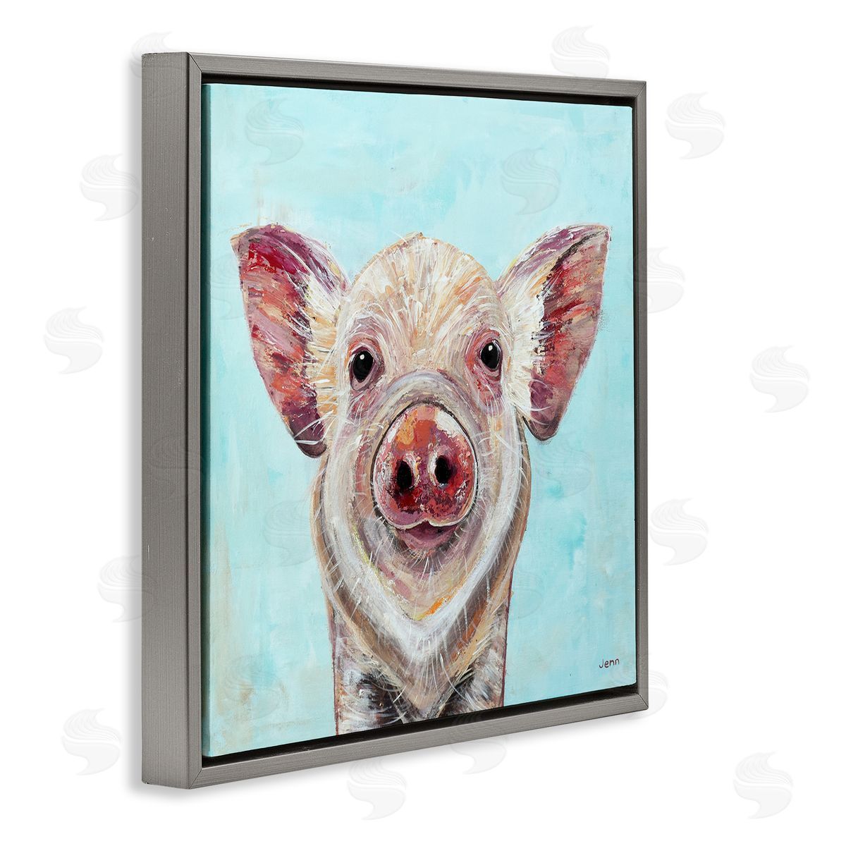 Jen Seeley Farmhouse Pig Blue Background Gray Floating Frame Canvas Wall Art Print