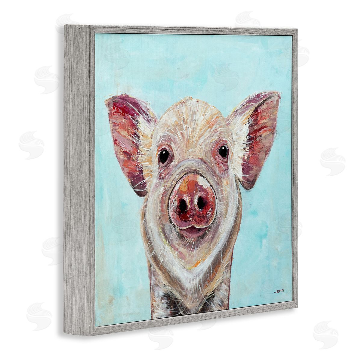 Jen Seeley Farmhouse Pig Blue Background Gray Framed Glicee Wall Art Print