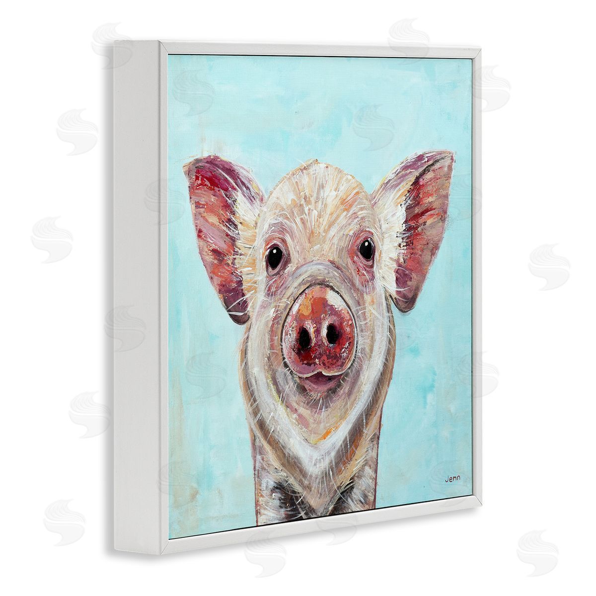 Jen Seeley Farmhouse Pig Blue Background White Framed Glicee Wall Art Print