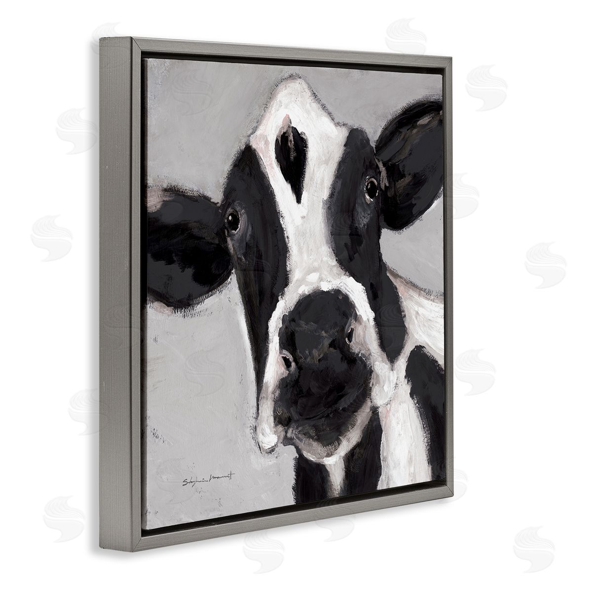 Stephanie Workman Marrott Country Cow Farmhouse Portrait Gray Floating Frame Canvas Wall Art Print