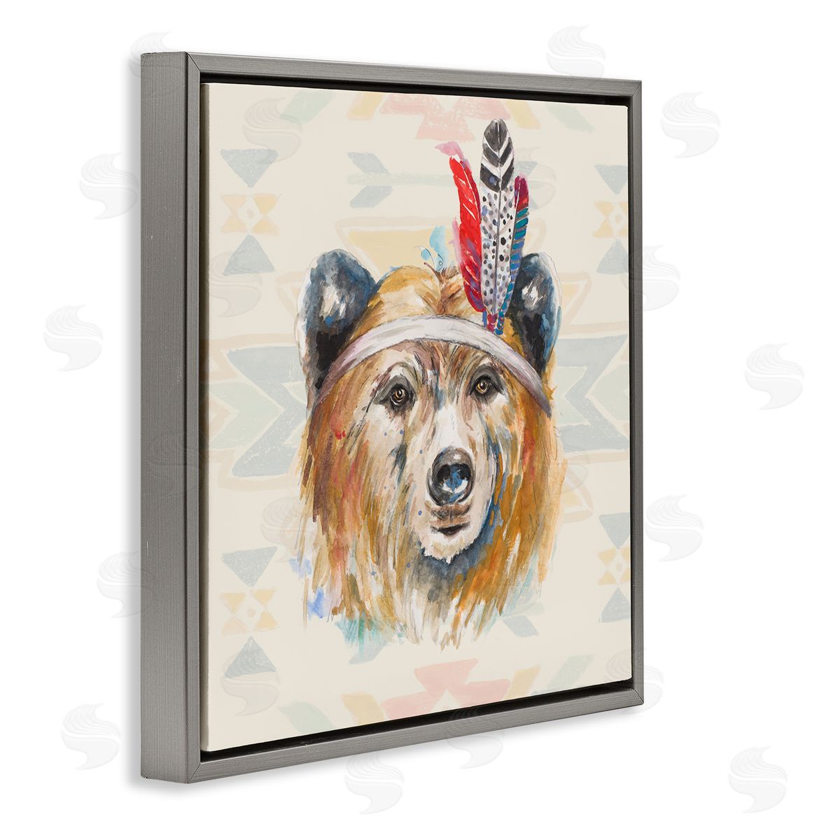 Patricia Pinto Indigenous Bear Geometric Wildlife Gray Floating Frame Canvas Wall Art Print