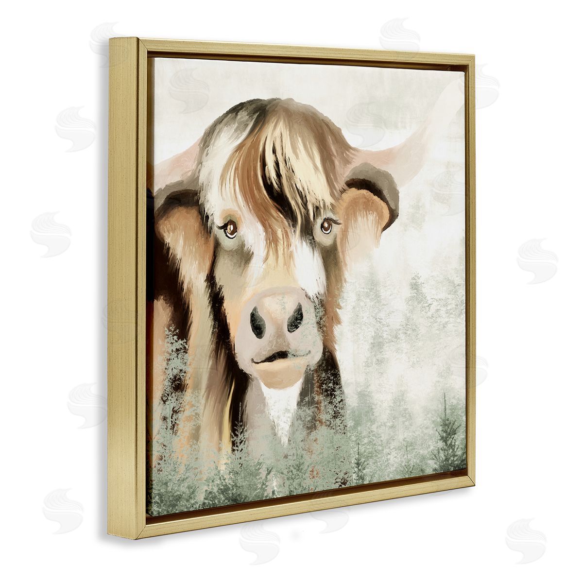 Elizabeth Medley Highland Cattle Nature Trees Collage Gold Floating Frame Canvas Wall Art Print