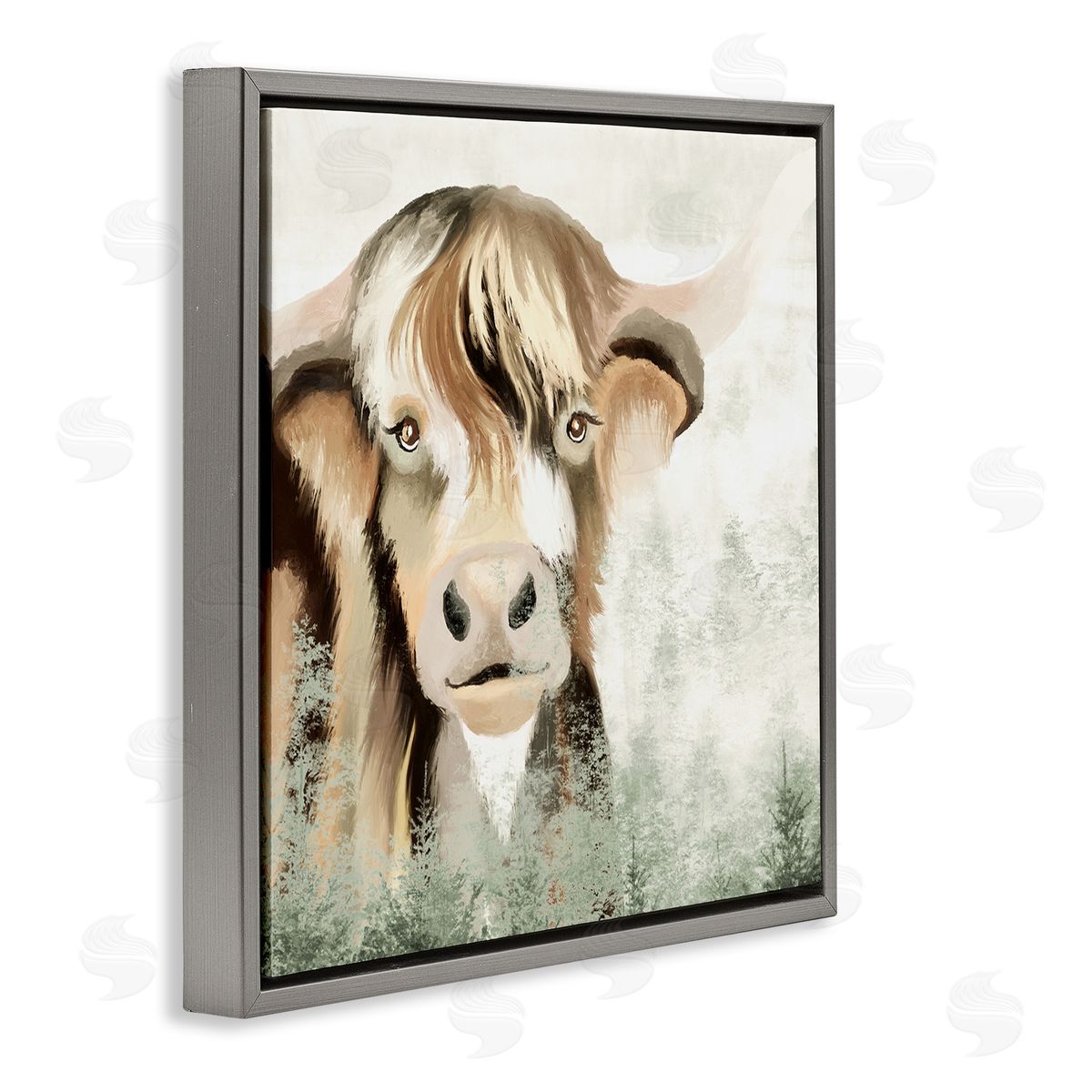 Elizabeth Medley Highland Cattle Nature Trees Collage Gray Floating Frame Canvas Wall Art Print
