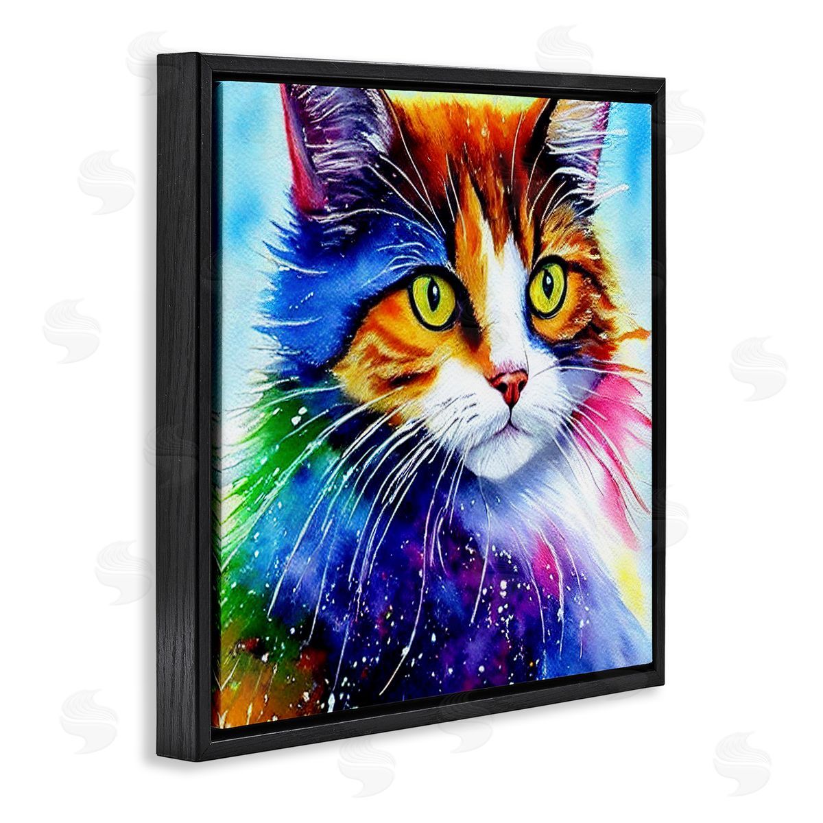 Denise Dundon Bold Rainbow Cat Face Portrait Black Floating Frame Canvas Wall Art Print