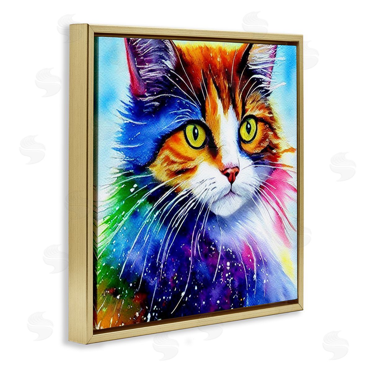 Denise Dundon Bold Rainbow Cat Face Portrait Gold Floating Frame Canvas Wall Art Print