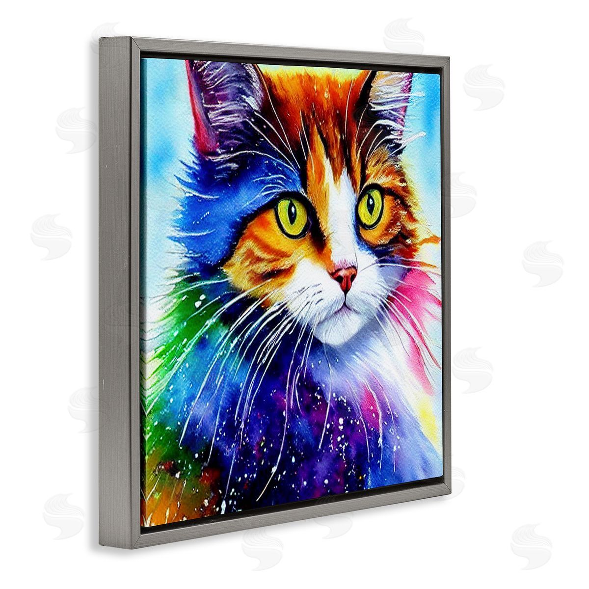 Denise Dundon Bold Rainbow Cat Face Portrait Gray Floating Frame Canvas Wall Art Print