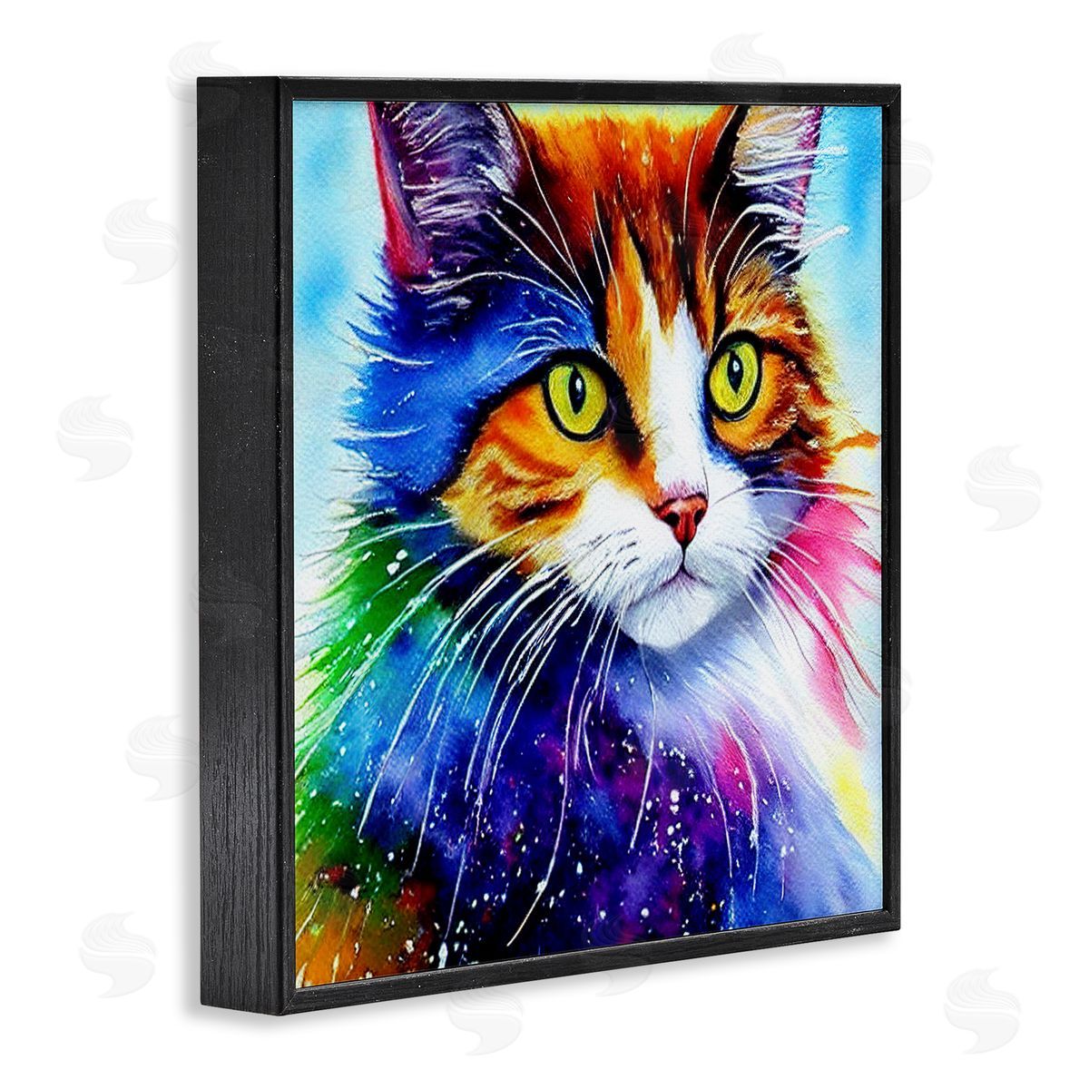 Denise Dundon Bold Rainbow Cat Face Portrait Black Framed Glicee Wall Art Print