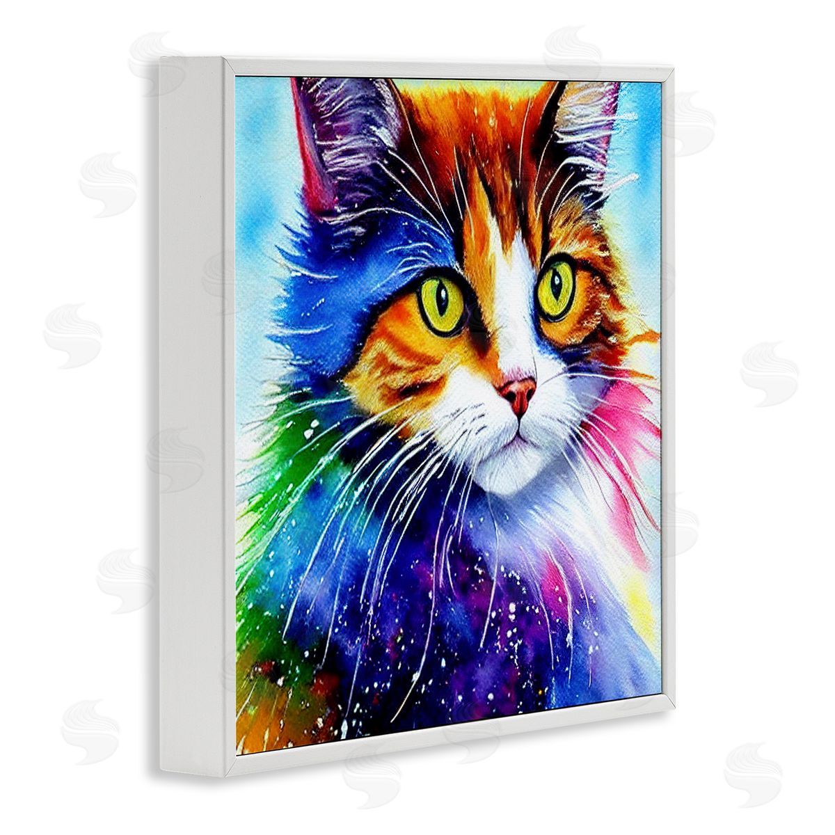 Denise Dundon Bold Rainbow Cat Face Portrait White Framed Glicee Wall Art Print
